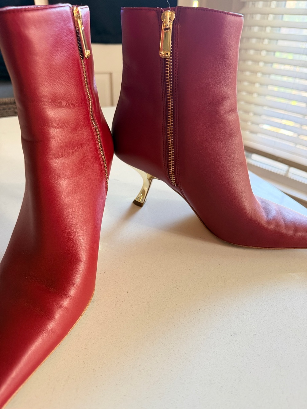 MICHAEL Michael Kors Red Leather Ankle Boots with Gold Zip & Kitten Heel